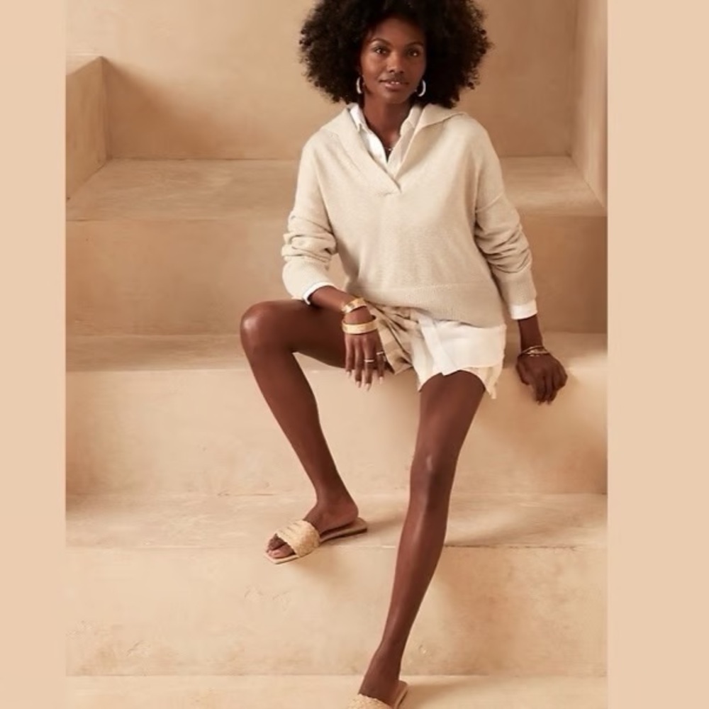 Banana Republic solid sailor collared sweater organic‎ cotton iced latte color M
